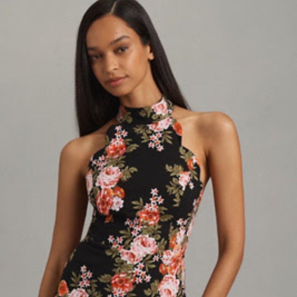 Maeve Black Floral Halter Dress with Pink and Orange Roses